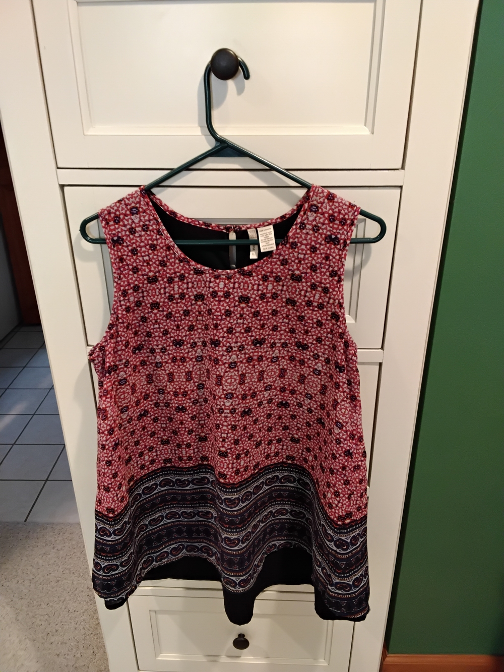 Japna Sleeveless  Deep Pink Patterned A-Line Tank Top with Contrasting Hem